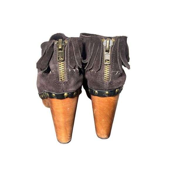 FLOGG NWOT Davina Brown Suede Fringe Wooden Platform Heels size 8.5 - Picture 4 of 5